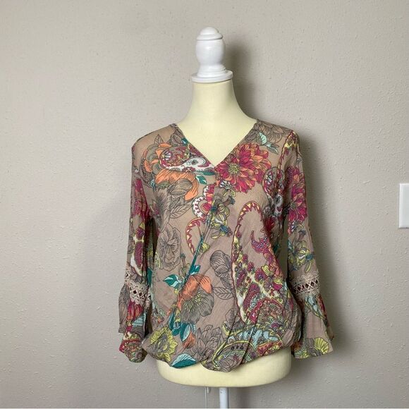 Spense Floral Paisley Colorful Boho Bell Sleeve Blouse Women's Size Small - Picture 11 of 16
